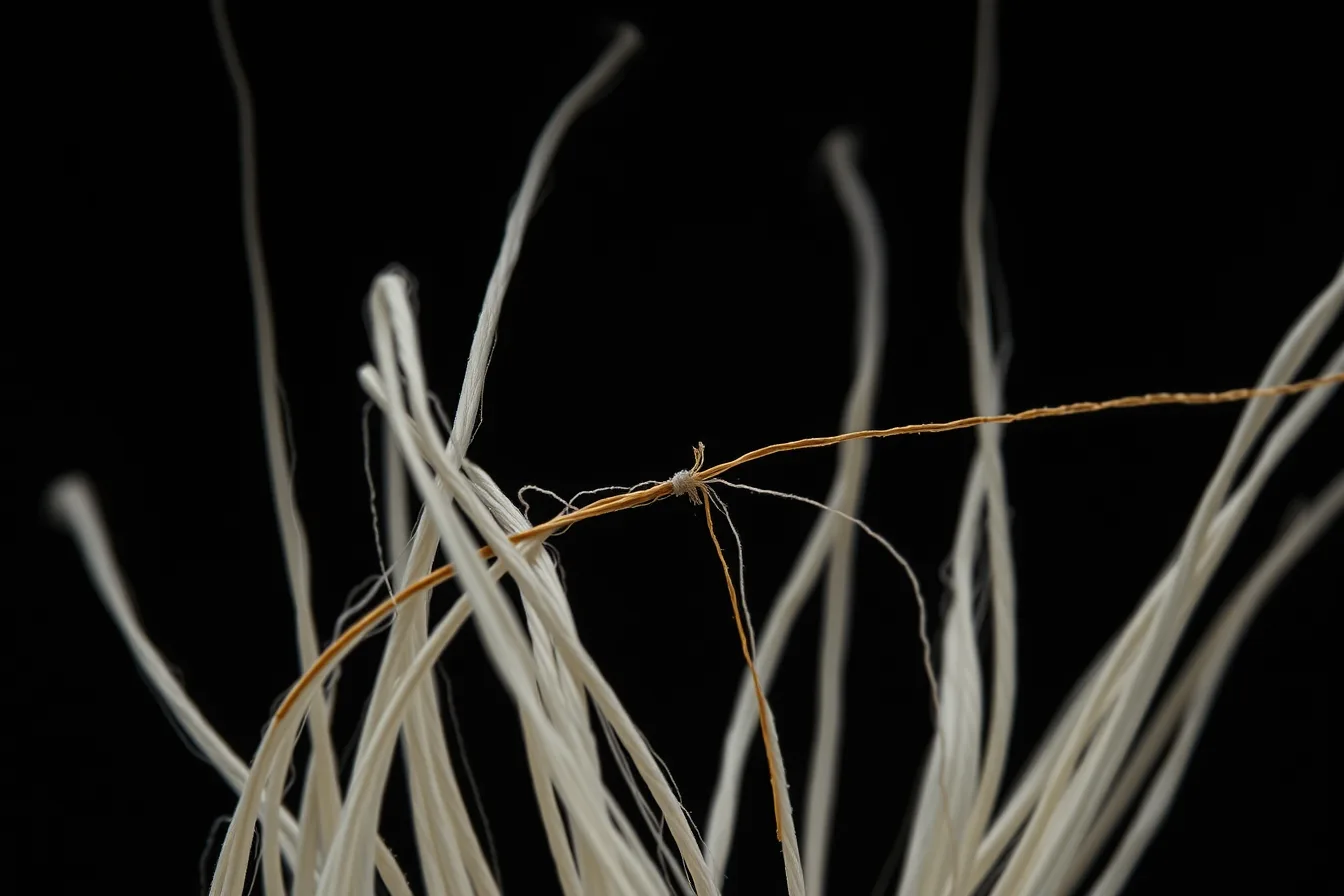 Macro shot of broken white technical fibers rejoined by a gold thread, on a dark background