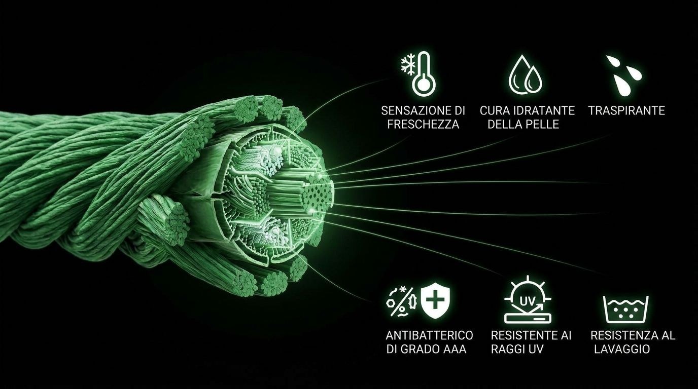 Sezione della fibra YEES con le proprietà tecniche: sensazione di freschezza, cura idratante della pelle, traspirante, antibatterico di grado AAA, resistente ai raggi UV, resistenza al lavaggio